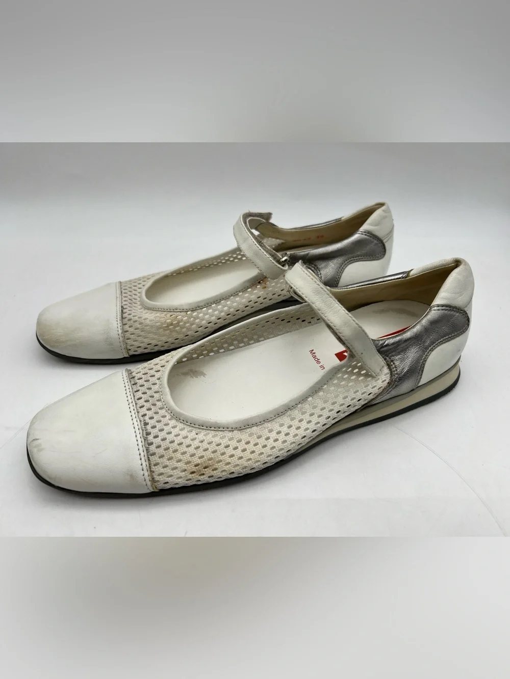 Prada Sport Ballet Flats White Silver Leather Mesh Mary Jane Shoes 36 / 6 US